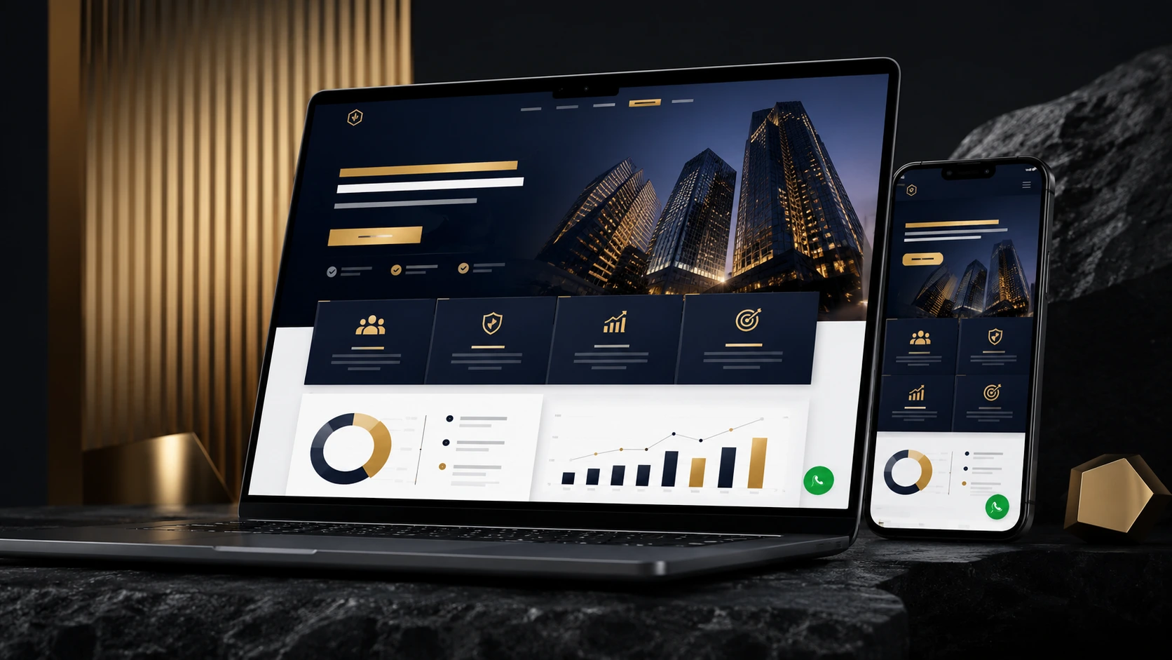 Mockup de demonstração da Horizonte Estratégico exibindo tablet e smartphone